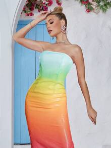 Women Sparkly Ombre Strapless Fitted Dress - Multicolor - View 3