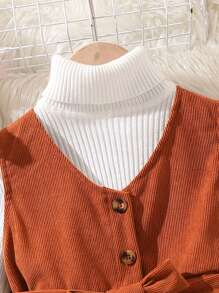 SHEIN Bé gái Giải trí Nút phía trước Váy có thắt lưng Với Túi - màu nâu - Xem 4