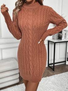 SHEIN Privé 花卉圖案針織半高領毛衣裙 - 駝色 - 查看 3