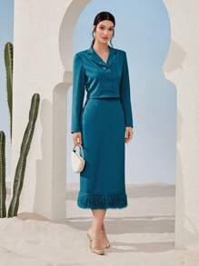 Seusyu 女士套裝,立領設計,前扣長袖襯衫搭配裙子 - 水鴨藍 - 查看 6