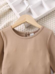 SHEIN Little Girls' Solid Color Ribbed Knit Jumpsuit - Khaki - View 5