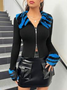 SHEIN ICON سترة نسائية بسحاب مع ياقة وأساور أكمام - الأسود - مشاهدة 6