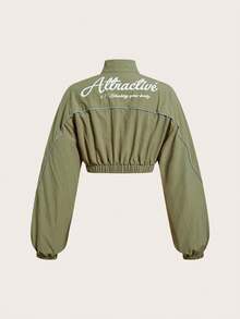 SHEIN ICON Quý cô Tương phản Màu sắc Sọc Áo khoác moto - xanh quân đội - Xem 2