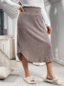 SHEIN Essnce Women's Plus Size Buttoned High Waist Skirt For Spring - Khaki - View 4