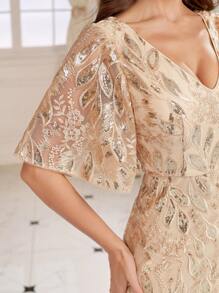 SHEIN Belle Kết cườm , Cổ v , Tay áo xù , Mỹ nhân ngư Đầm dạ hội ( Nhiệm vụ nặng nề ) - Vàng - Xem 7