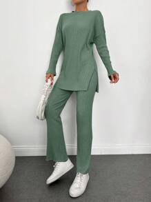 Cloudara Drop Shoulder Split Hem Tee & Pants - Green - View 3