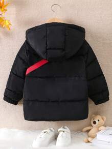 Abrigo acolchado con capucha y estampado de dibujos animados, con bolsa, para niño pequeño - Negro - Ver 2