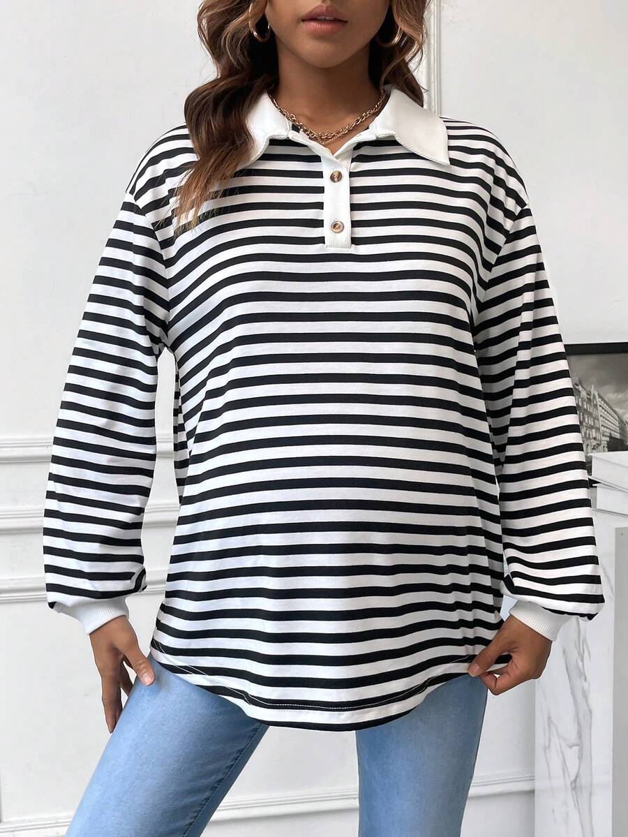 SHEIN Maternity Striped Colorblock Polo Neck Drop Shoulder Sweatshirt