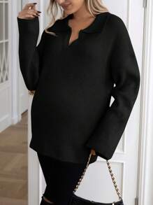 SHEIN Maternity Solid Color Drop Shoulder Ribbed Knit Loose Sweater, For Winter - Black - View 3