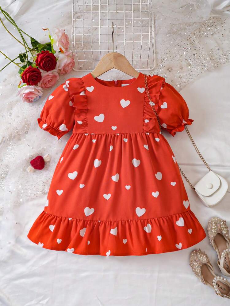 Young Girls' Woven Heart Patterned Dress With Ruffle Trim And Puff Sleeves