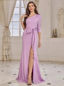 SHEIN Belle One Shoulder Bow Knot Decorated High-Slit Mermaid Bridesmaid Dress