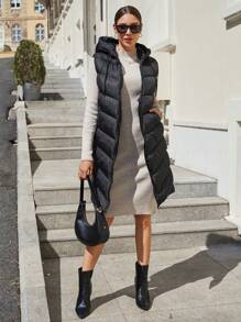 EURMUSE Zip Up Hooded Puffer Vest Coat - Black - View 1