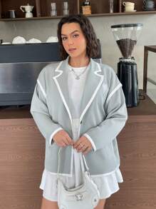 SHEIN EZwear Women's Plus Size Asymmetrical Collar Contrast Trim Blazer - Light Grey - View 6
