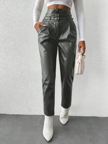 EURMUSE Belted Slant Pocket PU Pants - Green - View 5