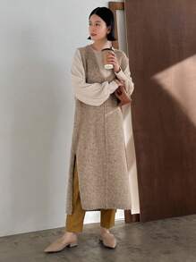 Dazy Designer 女式毛绒连衣裙，带开衩下摆，女式毛衣连衣裙 - 駝色 - 查看 7