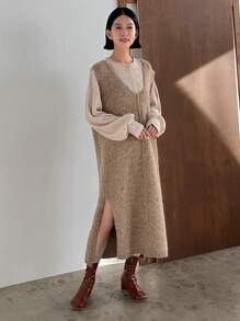 Dazy Designer 女式毛绒连衣裙，带开衩下摆，女式毛衣连衣裙 - 駝色 - 查看 6