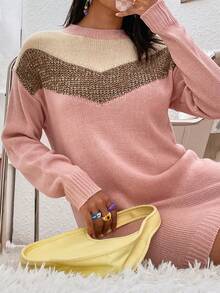 SHEIN Essnce 休閒色塊針織毛衣裙 - 粉色 - 查看 7