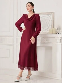 Modelyn 勃艮第红色优雅纯色长袖女式连衣裙，带蕾丝下摆 - 酒紅色 - 查看 5