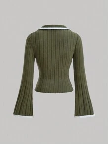 SHEIN MOD 對比色邊飾打結前短後長t恤 - 軍綠色 - 查看 2