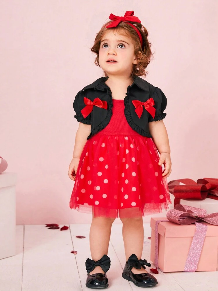 Baby Girls' Polka Dot Net Yarn Strap Dress With Short Jacket And Headband 3pcs Outfits
