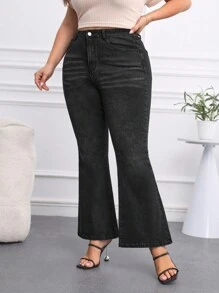 SHEIN Privé 大尺碼女式彈性喇叭牛仔褲 - 黑色 - 查看 4