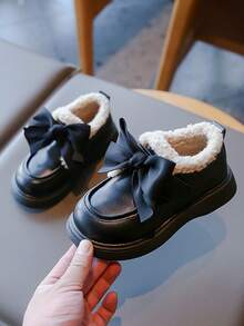 冬季加厚女童鞋新款毛結子兒童鞋，保暖幼兒女童公主皮鞋 - 黑色 - 查看 3