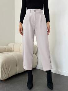 EURMUSE High Waist Slant Pocket Suit Pants - Beige - View 5