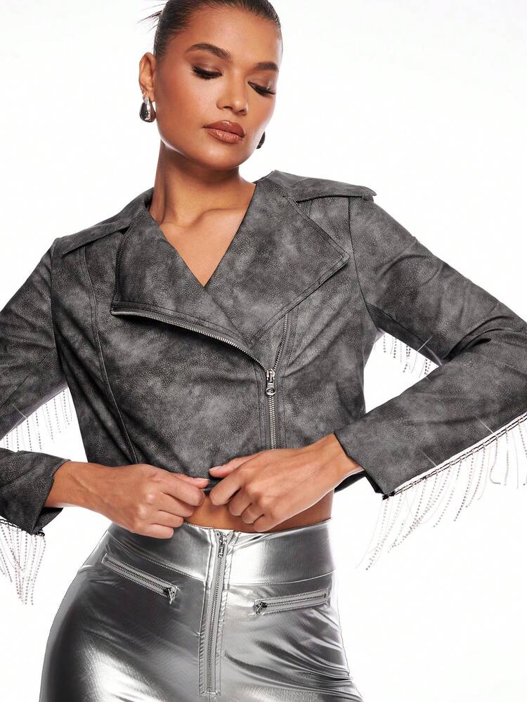 Grey Floral Geometric Pattern Pu Leather Jacket With Delicate Rhinestone, Tassel Chain, Zipper And Biker Style, Perfect For Going Out, Summer Or Rave Outfits