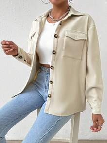 SHEIN Essnce Drop Shoulder Flip Pocket Double-Sided Fleece Jacket - Apricot - View 4