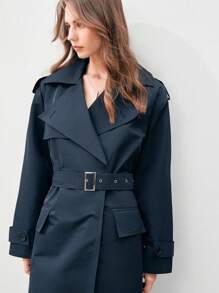 Anewsta Ladies Lapel Snap-Button Trench Coat - Navy Blue - View 7