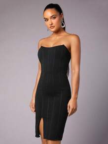 SHEIN BAE 情人節和新年除夕無肩單肩筒頂黑色禮服包身裙 - 黑色 - 查看 4