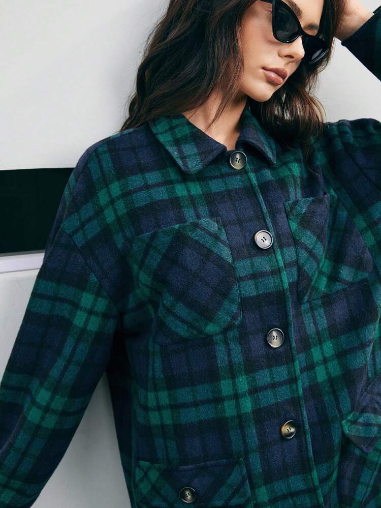 Women's Plaid Shirt-style Woolen Coat
