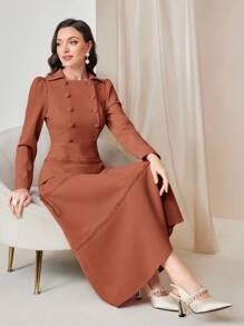 Modelyn Của phụ nữ Ống tay áo Đầm Với Vòng cổ - Màu nâu  Mocha - Xem 1