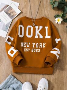 SHEIN Cô gái Vòng cổ Tay áo dài Thả vai Áo nỉ Với In thư , Mùa thu Và Mùa Đông - Cà phê nâu - Xem 1