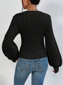 SHEIN Privé 女士纯色方领灯笼袖休闲套头毛衣，秋冬 - 黑色 - 查看 2