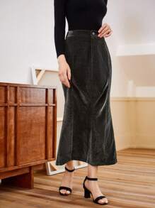 SHEIN Clasi Chenille Chân Váy xếp ly - màu đen - Xem 3