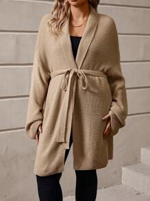 SHEIN Clasi 加大尺碼女士披肩領束腰針織外套 - 卡其色 - 查看 3