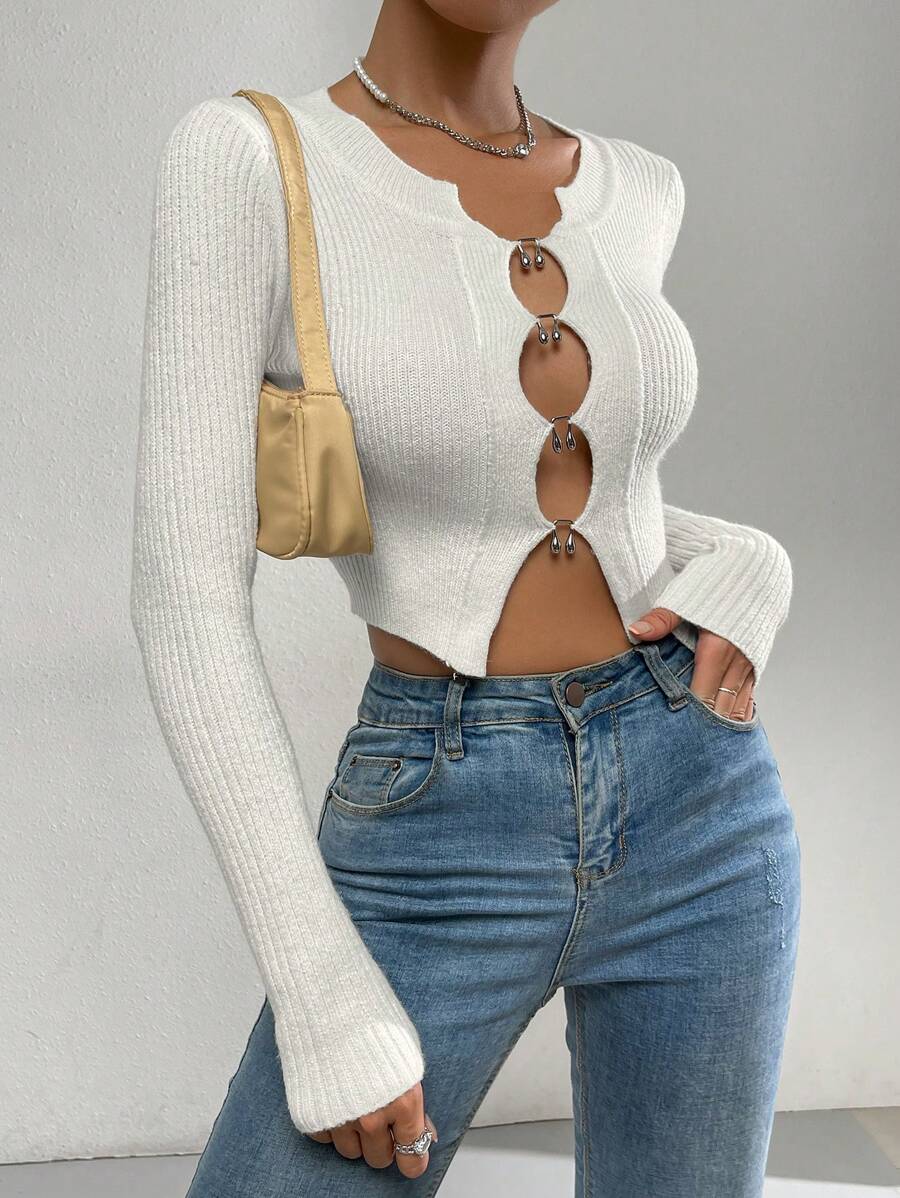 SHEIN Unity Rib-knit Cut Out Crop Jumper - White - View 1