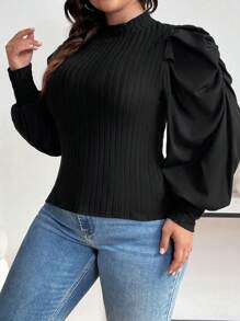 Flirla 女款大尺碼泡泡袖半高領上衣 - 黑色 - 查看 5