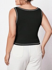 SHEIN Essnce Camiseta Sin Mangas De Talla Grande Para Mujer Con Costuras En Contraste - Negro - Ver 2