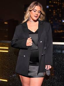 RueChic Plus Lapel Neck Button Front Blazer - Black - View 3