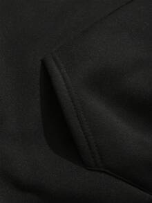 SHEIN EZwear 卡通和字母圖案袋鼠口袋抽繩加絨內裏連帽衫 - 黑色 - 查看 6