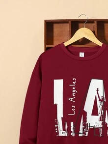 SHEIN Thiếu niên Con trai Lỏng lẻo Phù hợp In thư Vòng cổ Áo nỉ - Màu Đỏ Sâu - Xem 5