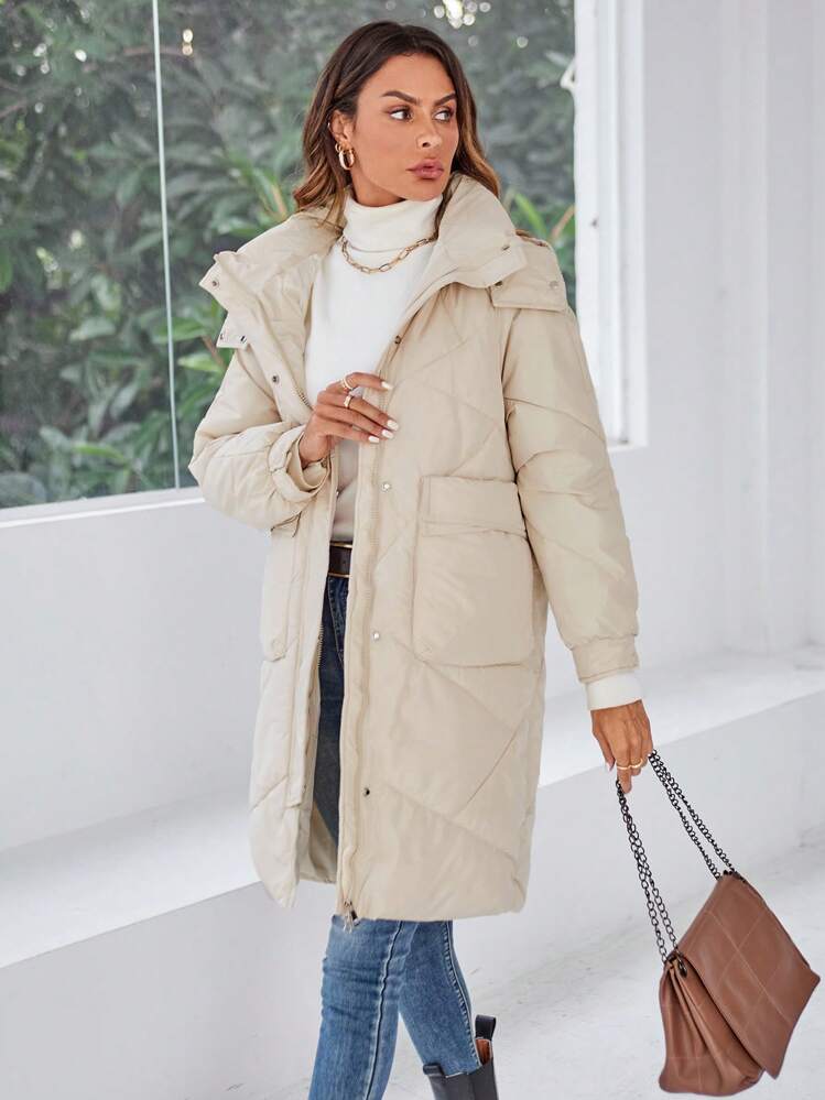 SHEIN EZwear Manteau matelassé à capuche de couleur unie simple, vêtements d'hiver décontractés - Beige - Voir 1