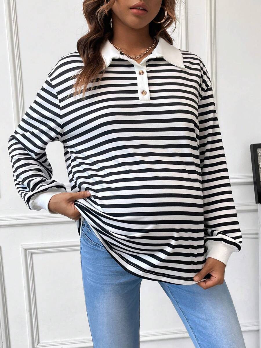 SHEIN Maternity Striped Colorblock Polo Neck Drop Shoulder Sweatshirt