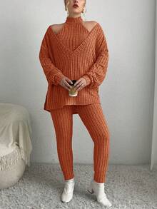 SHEIN Essnce Plus Size 3pcs Solid Color Ribbed Knitwear Set - Rust Brown - View 4