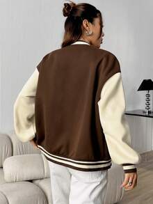 SHEIN Unity In thư Màu sắc Chặn Cúc bấm Áo len Mở Áo khoác - Cà phê nâu - Xem 2