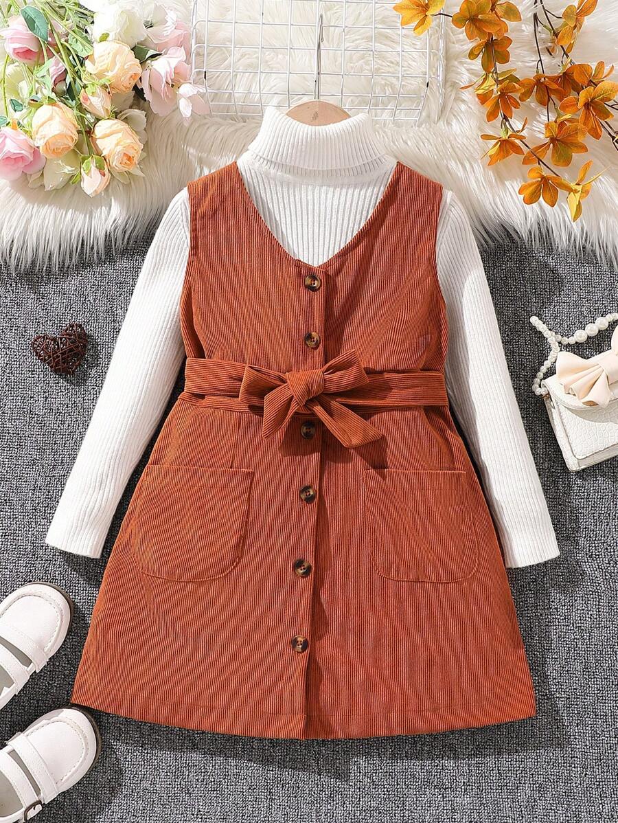 SHEIN Bé gái Giải trí Nút phía trước Váy có thắt lưng Với Túi - màu nâu - Xem 1