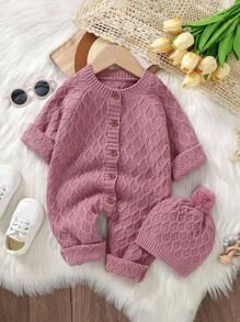 Baby Plain Color Button-Front Jumpsuit (Sweater Type) - Pink - View 1