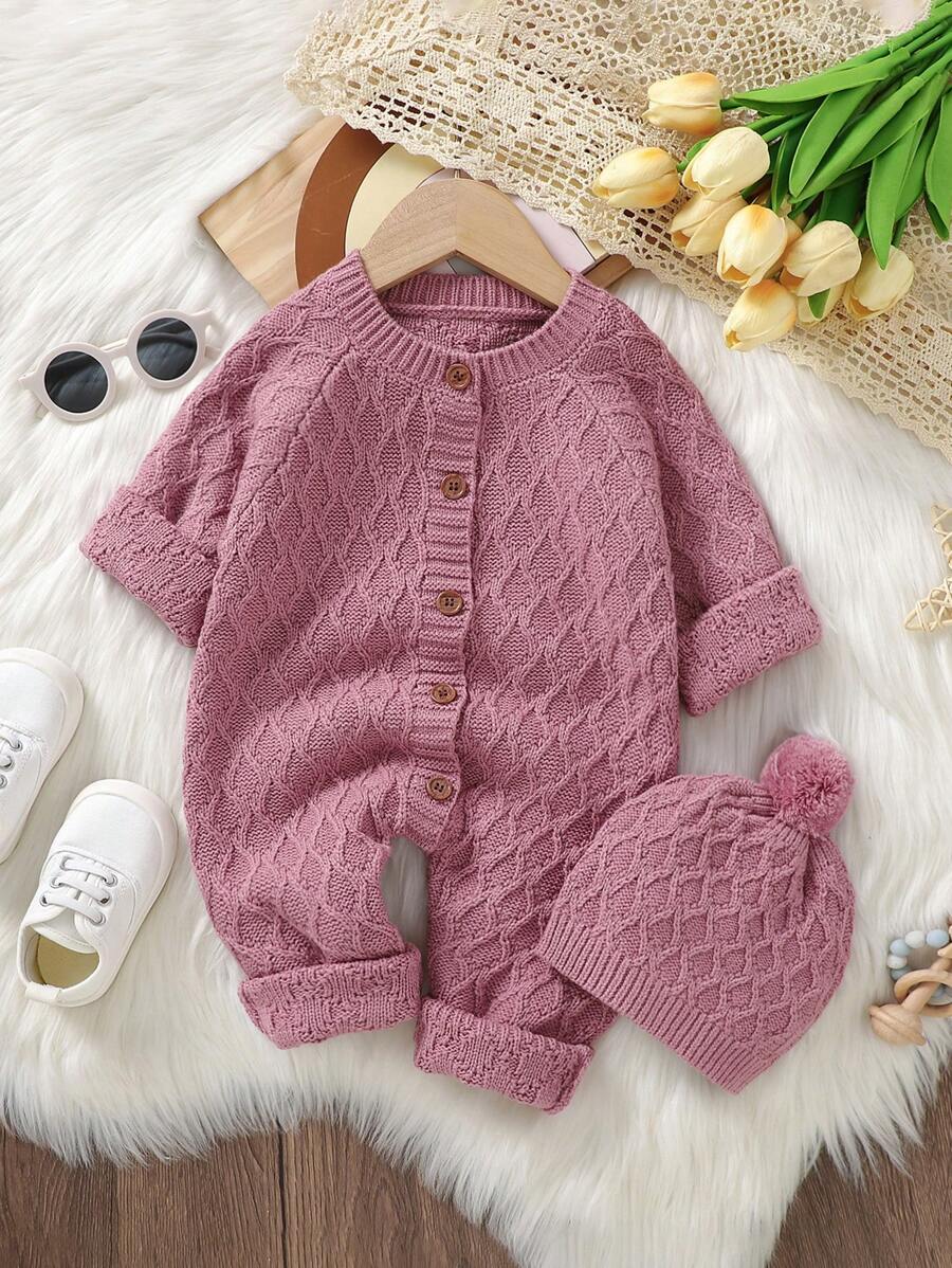Baby Plain Color Button-Front Jumpsuit (Sweater Type) - Pink - View 1